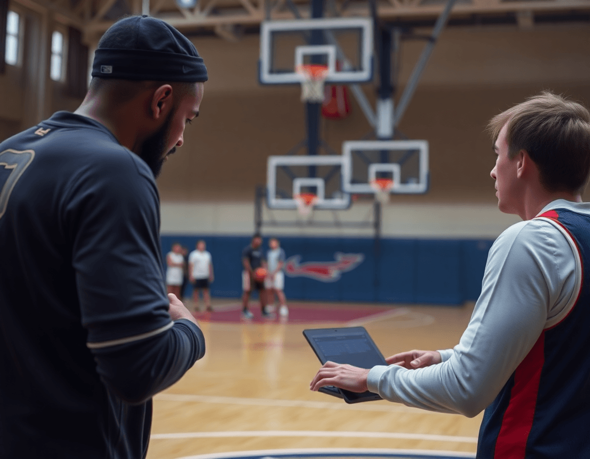 Coaching et scouting: un ordinateur portable montre les rapports basketball pendant que les joueurs basketball s'échauffent.