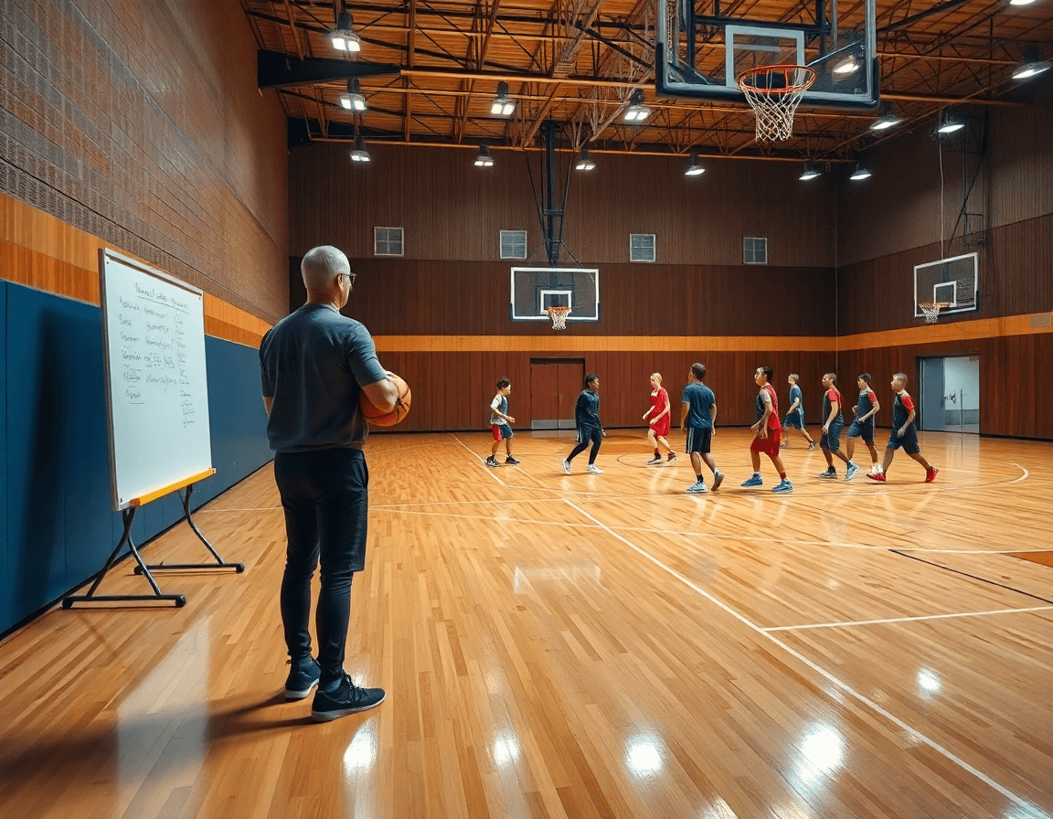 Vue d'ensemble d'une séance d'entraînement basket u15 pdf en gym, coach et joueurs autour du ballon orange.