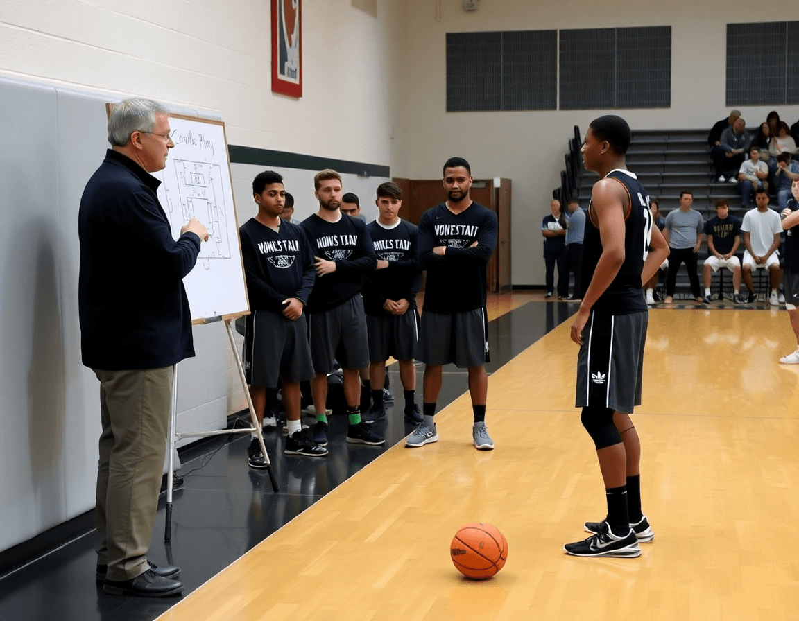 Coach et joueurs autour d'un tableau blanc illustrant un entrainement basket u15 en action.