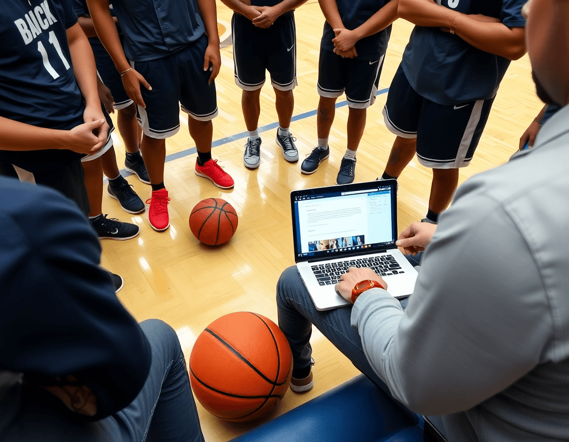 Scène de scouting pour entrainement basket u15 avec clips vidéo et notes affichées.