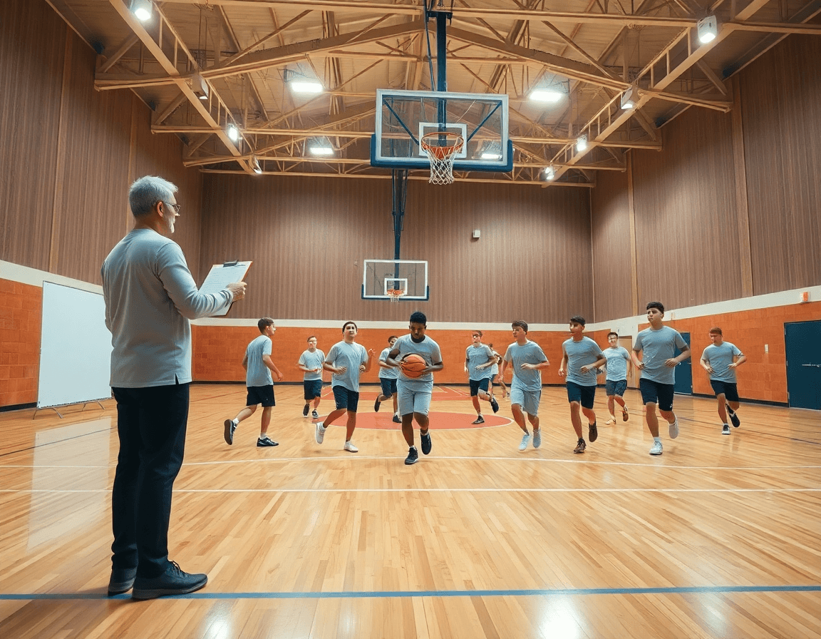 Vue d'ensemble d'un entrainement basket u15 dans un gym intérieur avec cadence et plan.