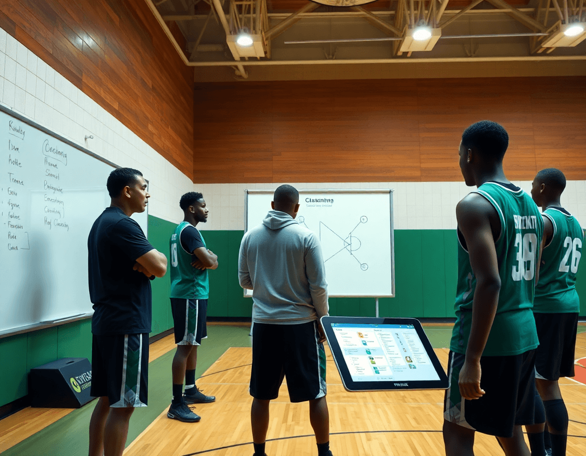Coach explique le planning et les séquences de l'entraînement basket u17 pdf dans la salle.