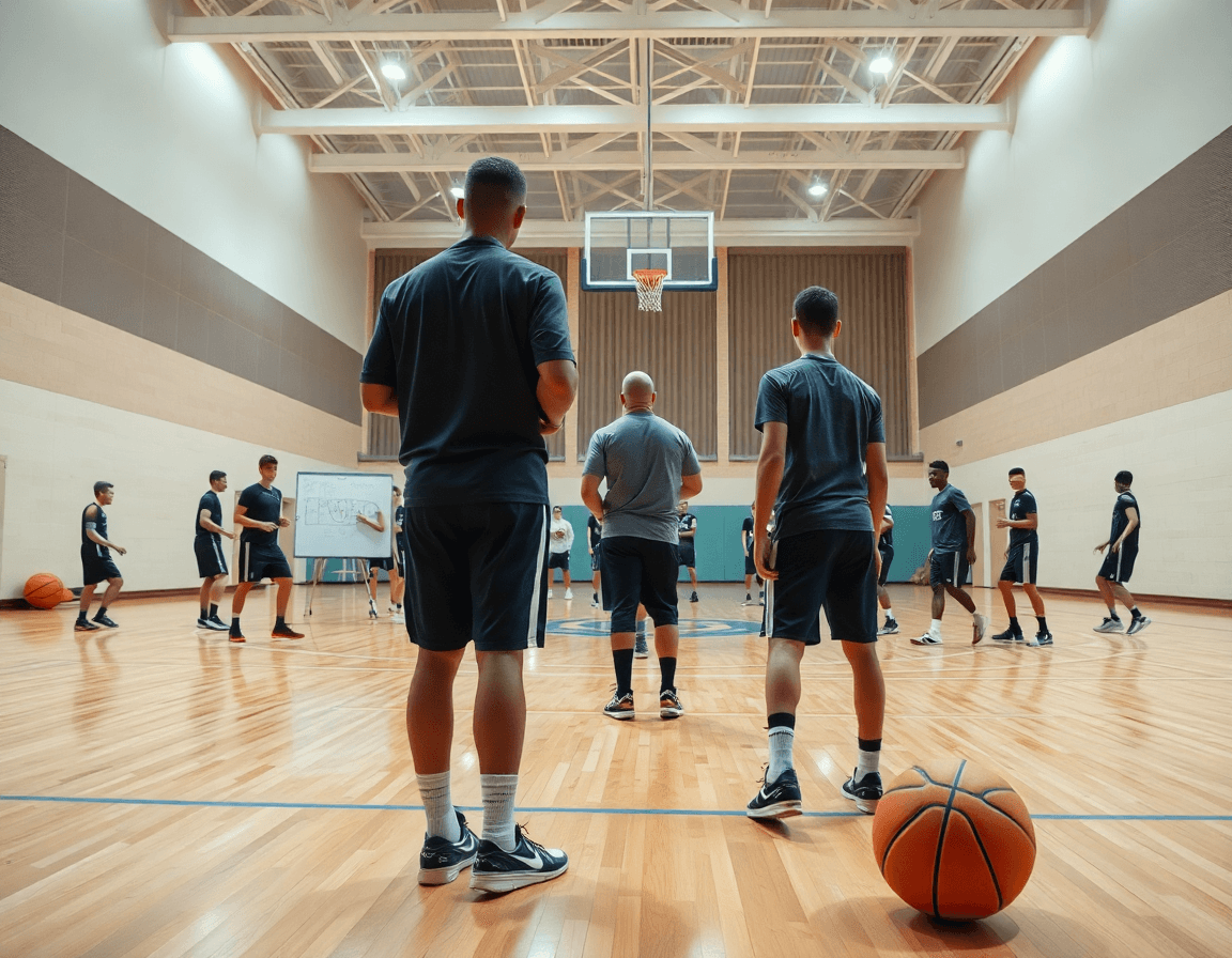 Vue panoramique d'un entraînement basket u17 pdf pris en action dans une salle de sport.