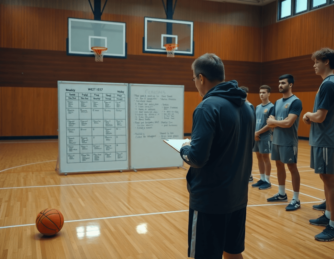 Plan serré sur le coach écrivant le plan hebdomadaire sur le tableau blanc dans le gymnase de basketball.