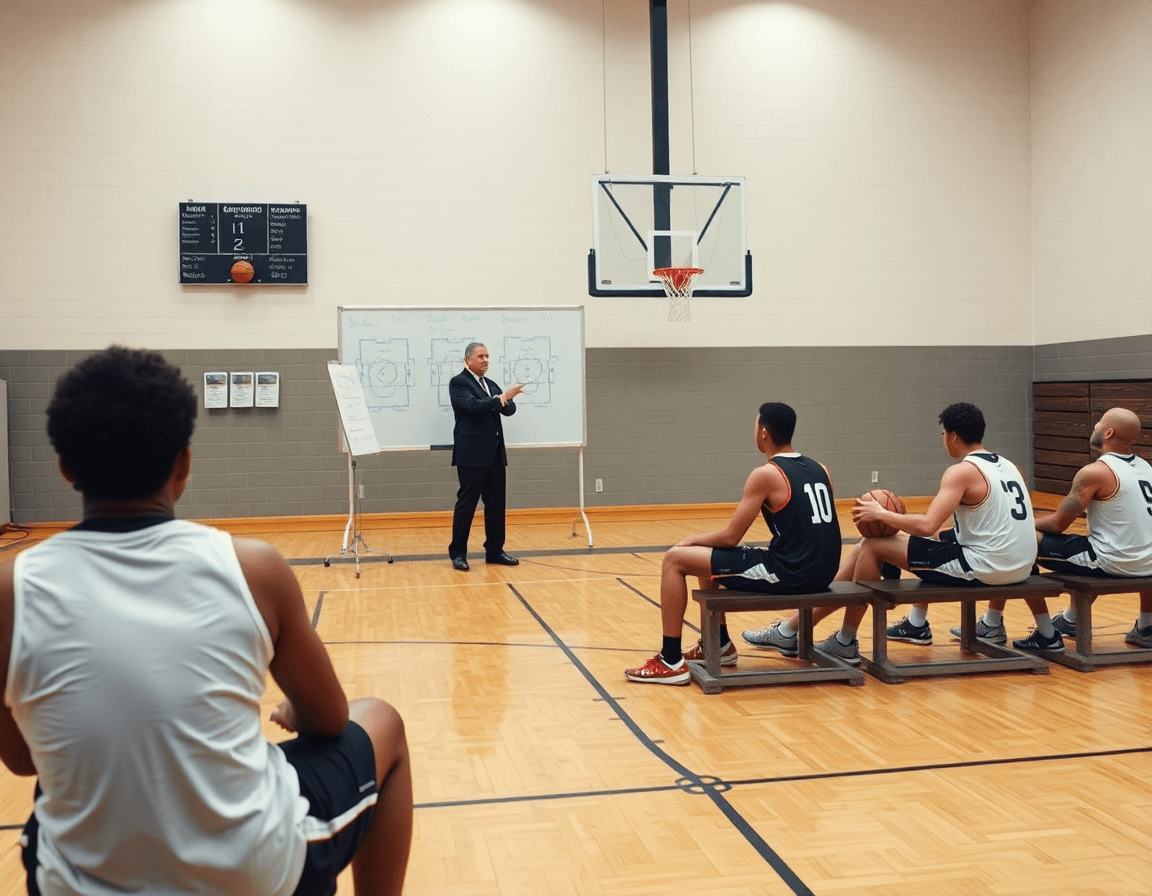 Plan descriptif sur le tableau blanc montrant des jeux offensifs de basketball et une bibliothèque d'exercices.