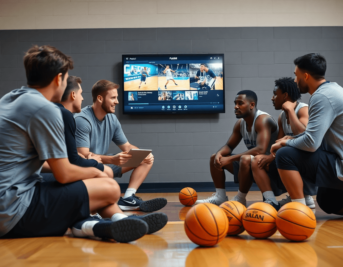 Plan panoramique d'une zone de vidéoprojection avec clips de basketball et analyse collective par le coach.