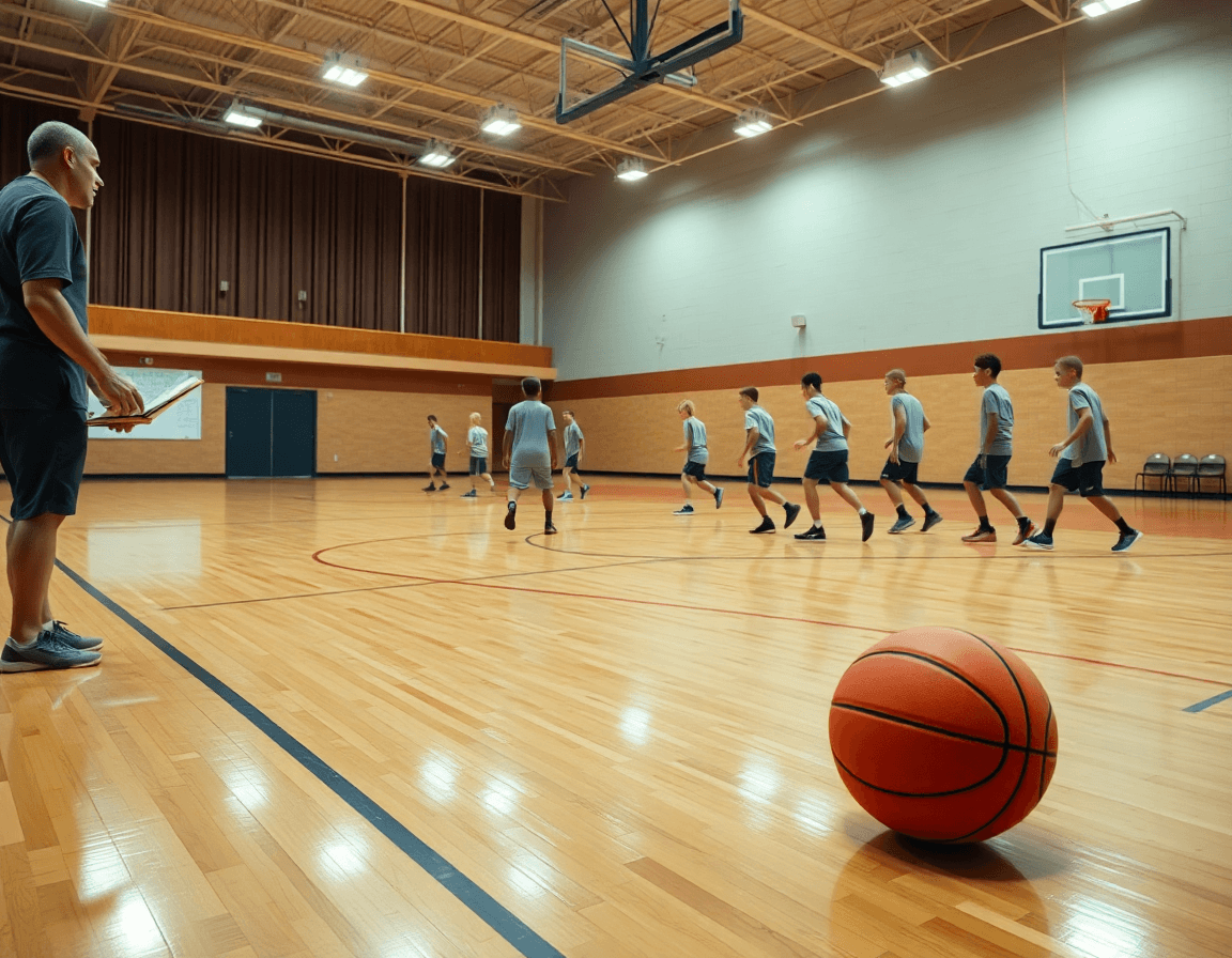 Plan large montrant l'entrainement basket u17 dans un gymnase, coach et joueurs vus de dos.