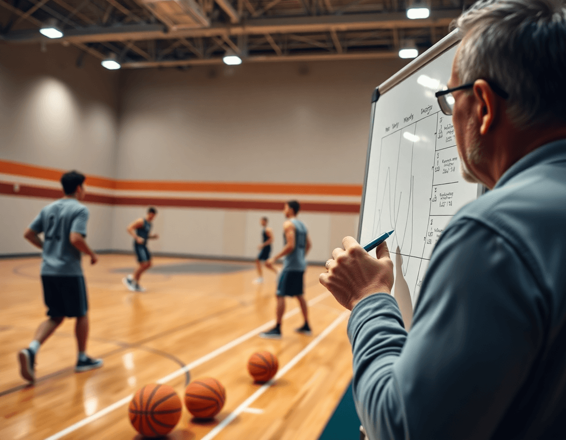 Close-up sur un entrainement basket video: entraîneur planifiant une semaine et joueurs sur le parquet.