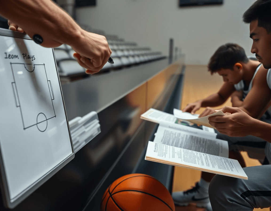 Plan serré sur les mains et le tableau, entrainement basket video, joueurs observant.