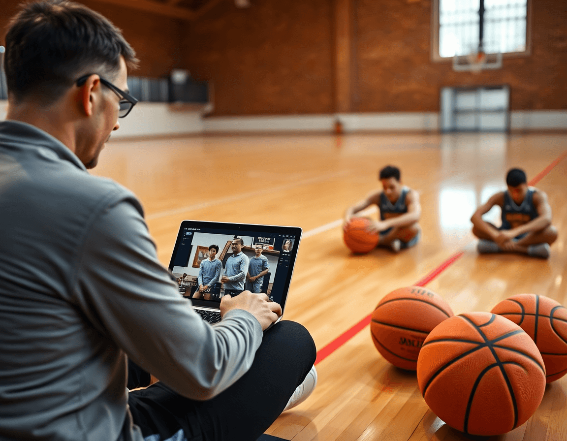Premier plan sur les mains tenant le ballon orange pendant un entrainement basket video, joueurs en arrière-plan.
