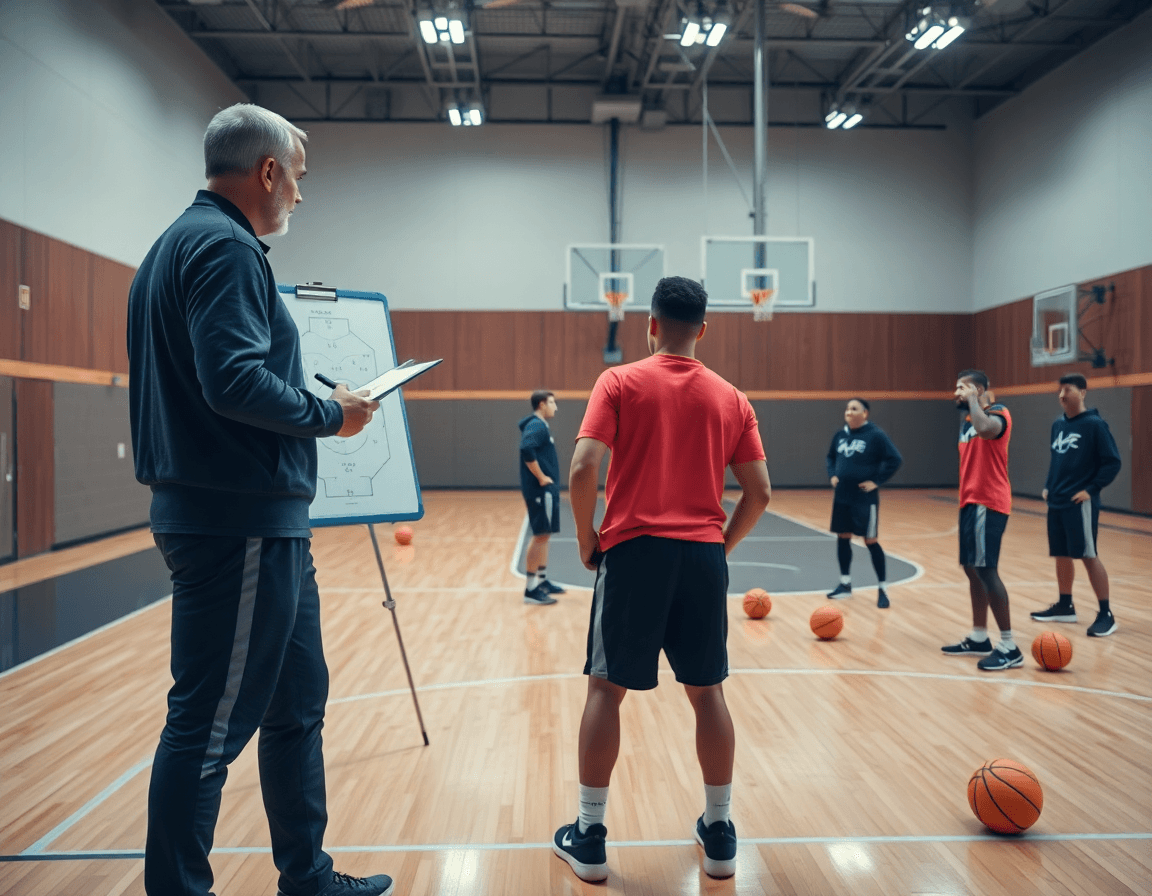 Vue générale d'un entrainement basket video dans une grande salle de basket avec coach et joueurs.