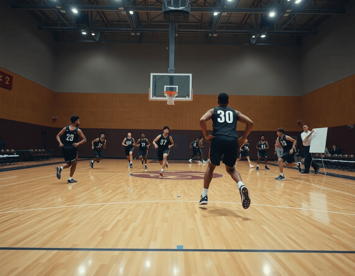 Plan large: des joueurs de basket défendent vite, le coach montre entrainement defense basket sur le tableau.