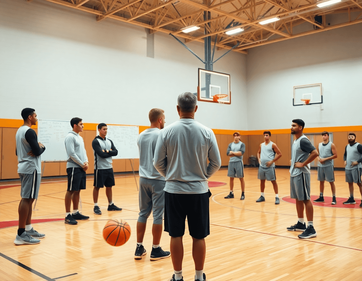 Vue d'ensemble d'un entrainement defense basket sur un terrain intérieur, entraîneurs et joueurs en action.