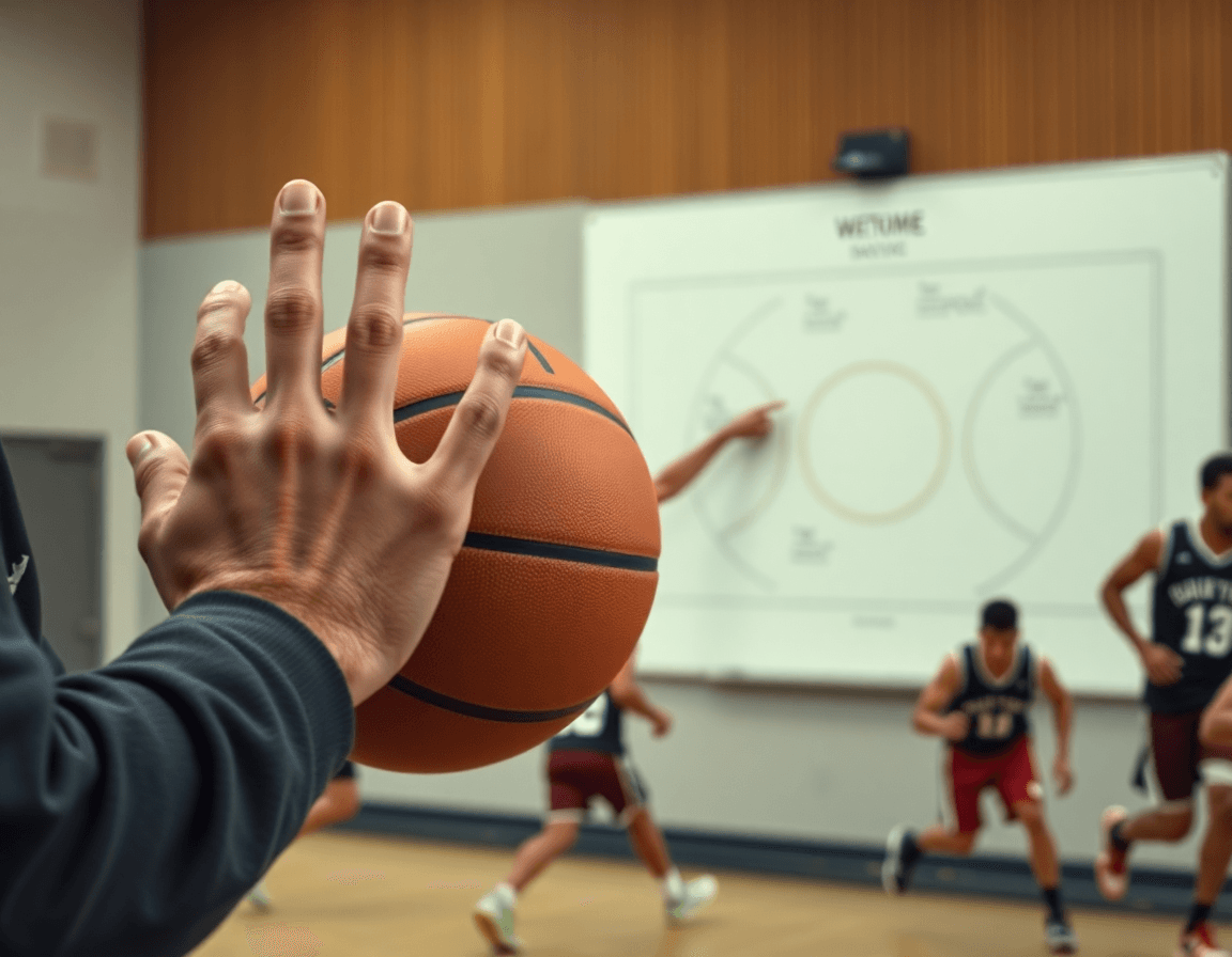 Plan rapproché des mains sur un basketball; entrainement defense basket u11 au tableau.