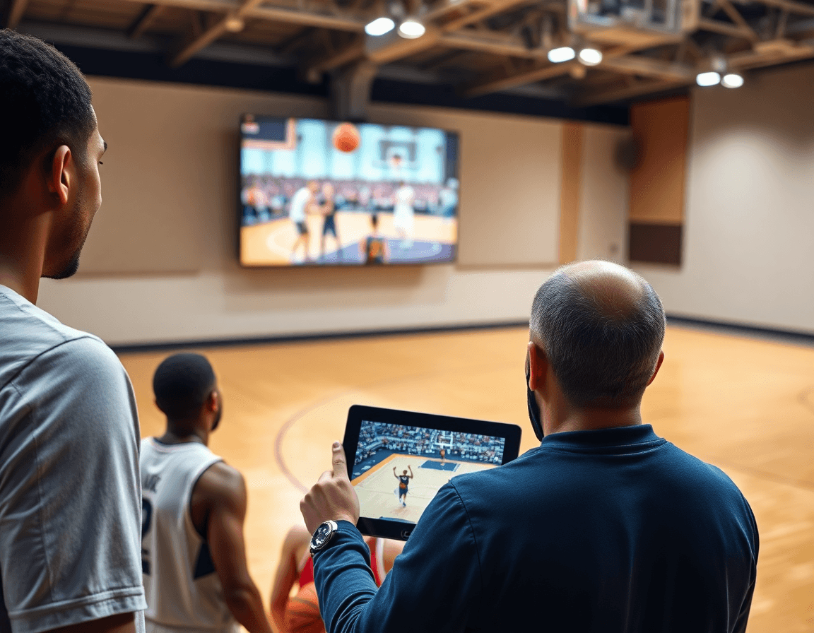 Les joueurs regardent une vidéo sur une tablette; entrainement defense basket u11 et progression.