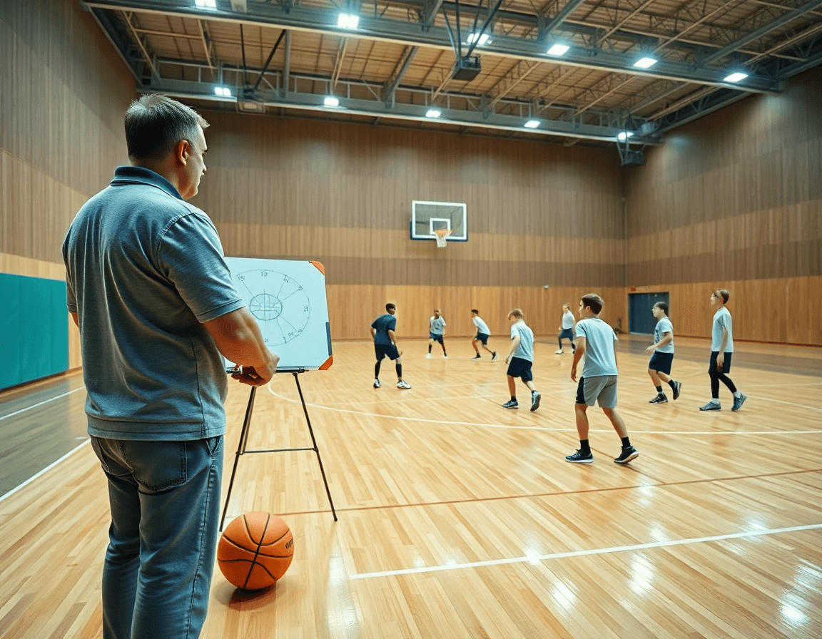 Vue large: entrainement defense basket u11 dans une salle de basket, coach guidant les jeunes.