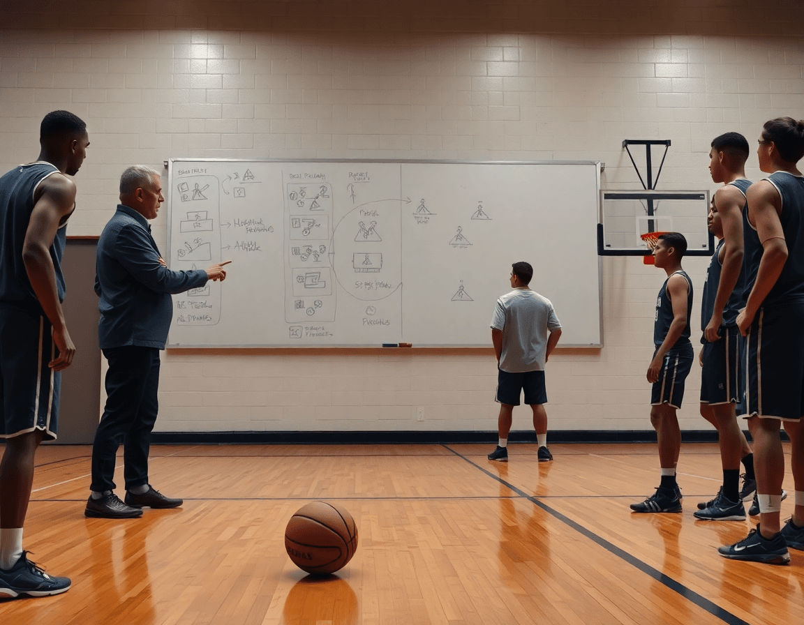 Vue d'un entraineur basket club africain expliquant les schémas tactiques sur le tableau blanc.