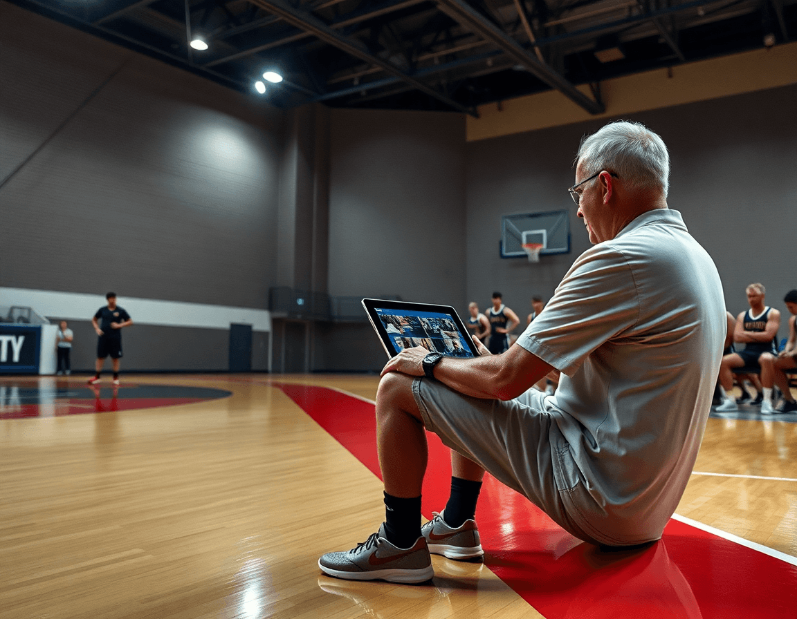 Plan d'un entraineur basket club africain examinant des rapports de scouting devant l'équipe.