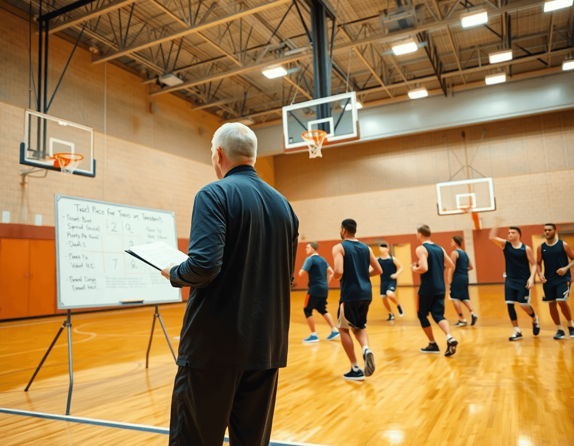 Entraineur basket club africain dirige une séance de basketball dans un gym.