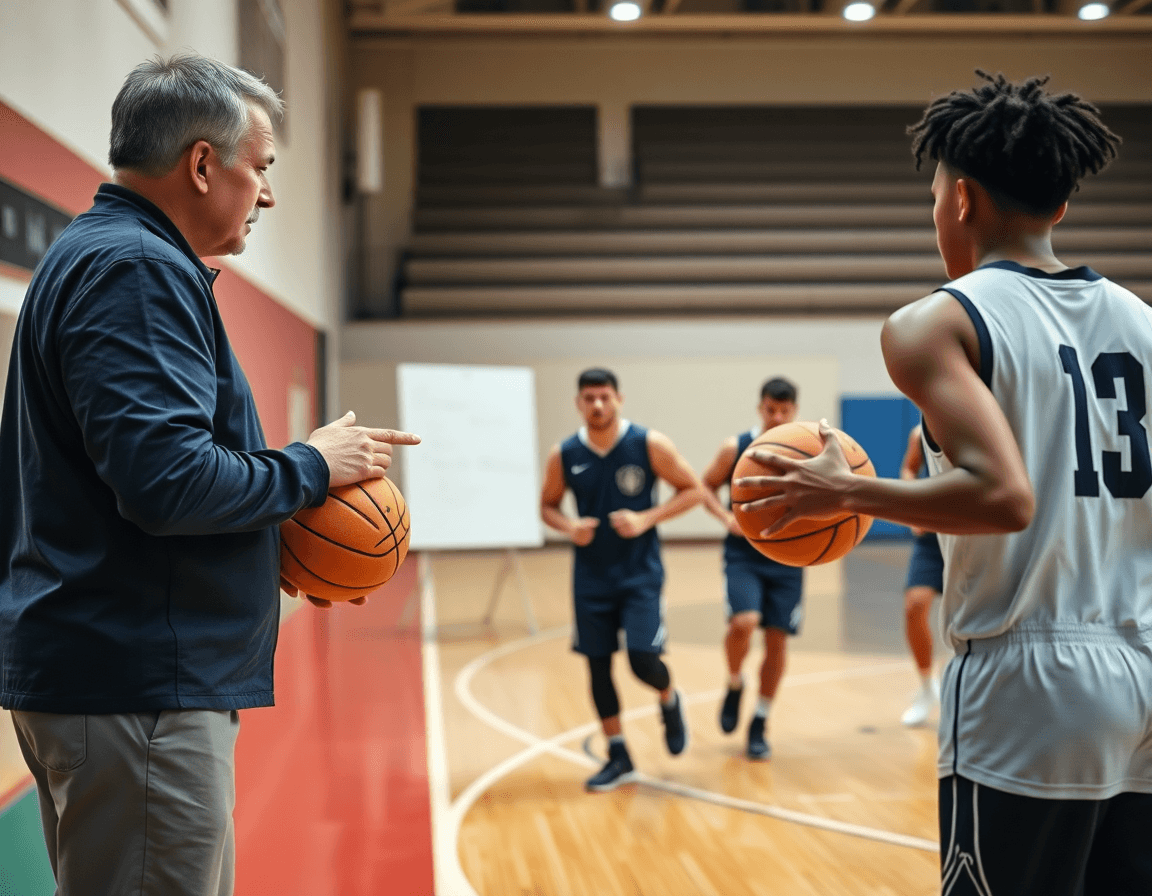 Plan de séance: entraineur basket equipe de france coordonne un drill de basketball sur le parquet