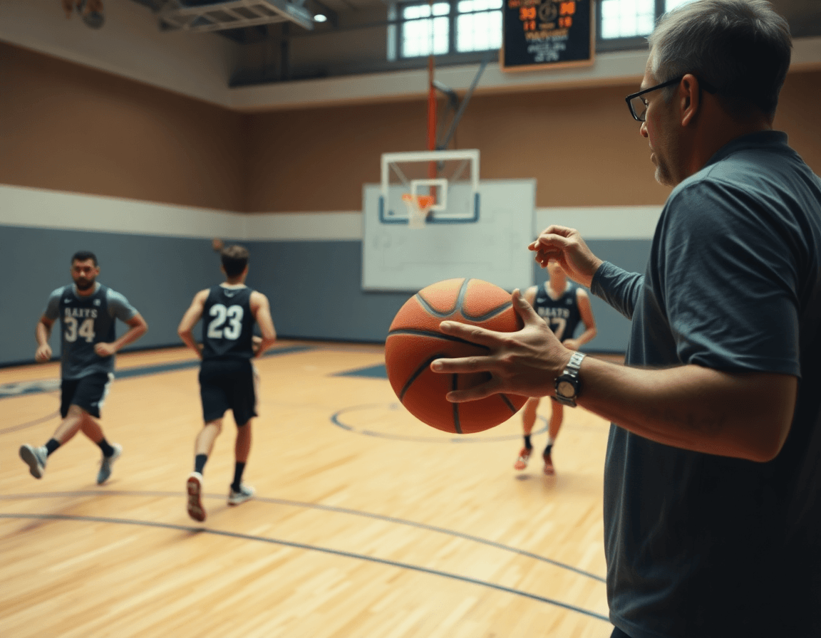 Plan rapproché sur la balle et les mains durant une passe pendant que entraineur basket féminine nigeria coordonne.