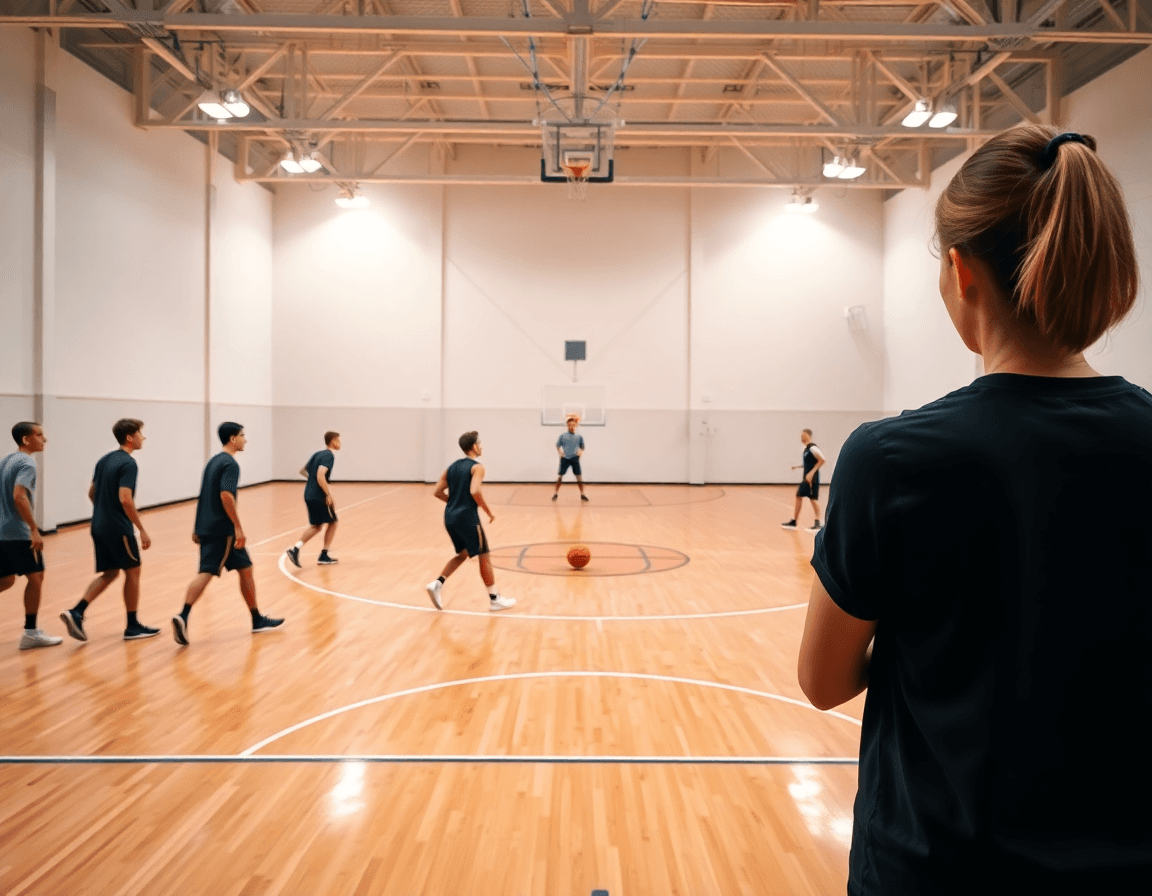 Plan large dans une salle de basket montrant entraineur basket féminine nigeria dirigeant son équipe.
