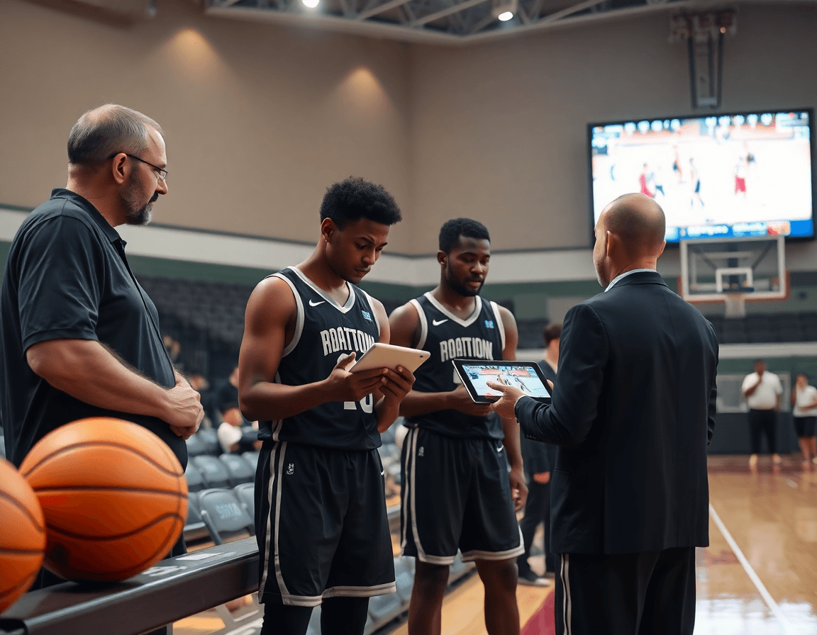 entraineur basket france supervise une séance complète sur le terrain, guidant passes et schémas tactiques.