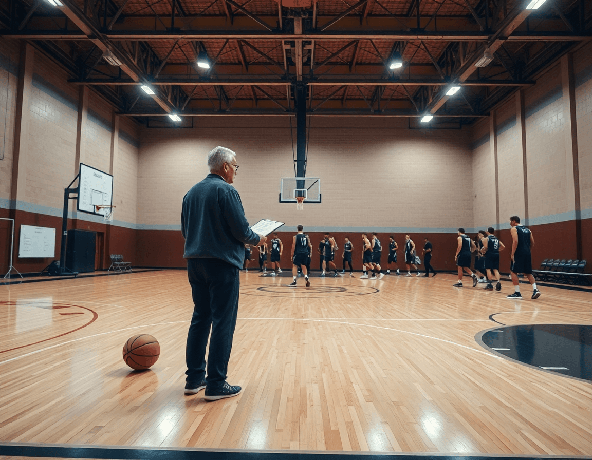 Vue panoramique d'un gymnase de basketball, un entraineur basket france dirige l'équipe pendant la pratique.