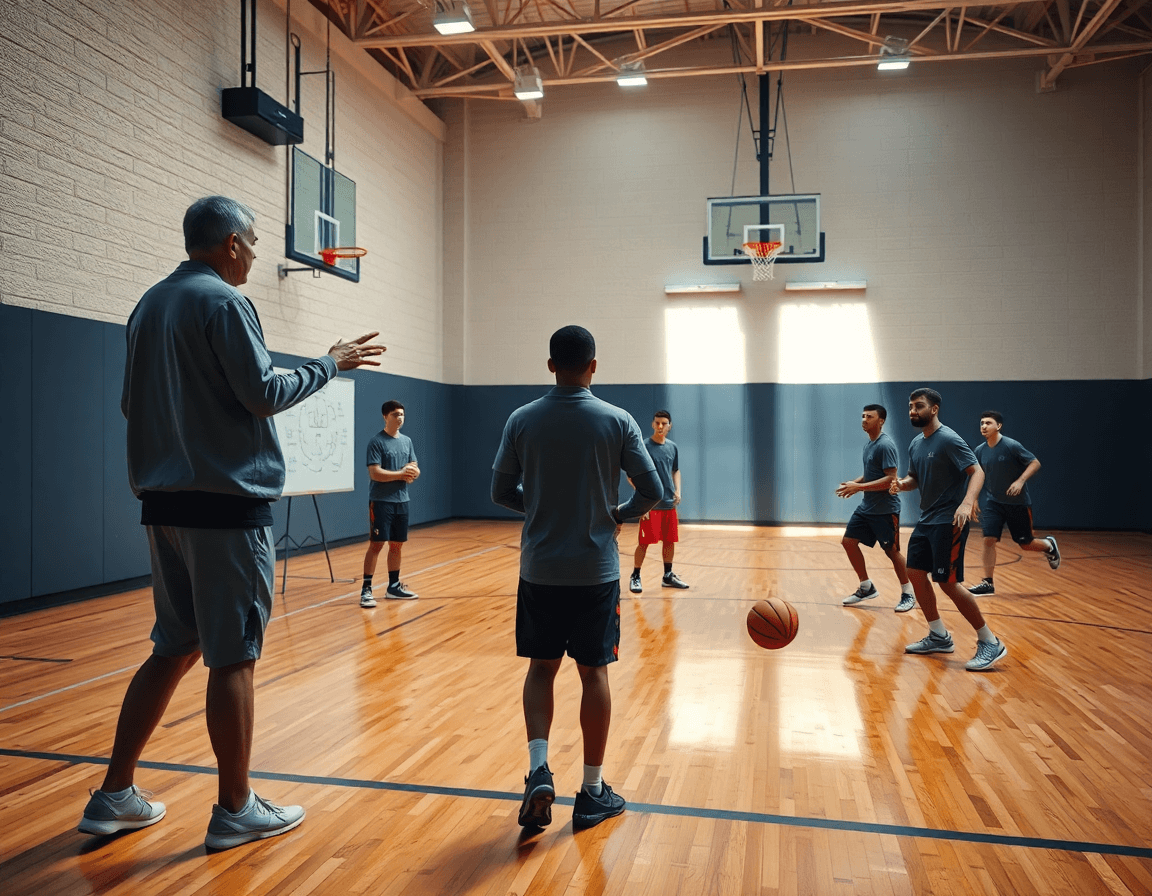 Plan serré sur entraineur basket landes dirigeant un exercice dynamique sur le terrain.