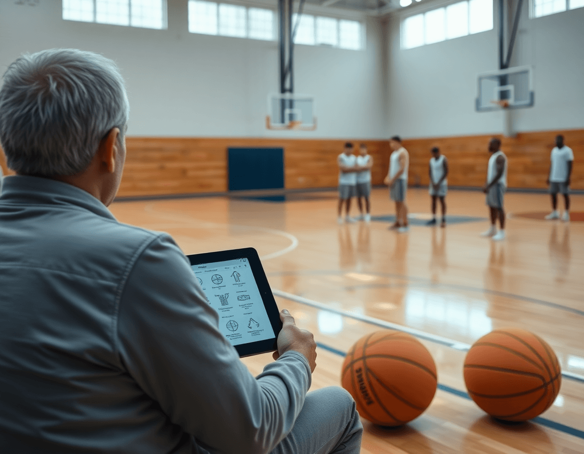 Gros plan sur entraineur basket landes consultant une tablette avec des plans réutilisables.