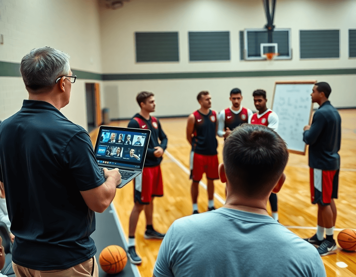 Vue latérale d'entraineur basket landes expliquant des clips vidéo et notant les retours.