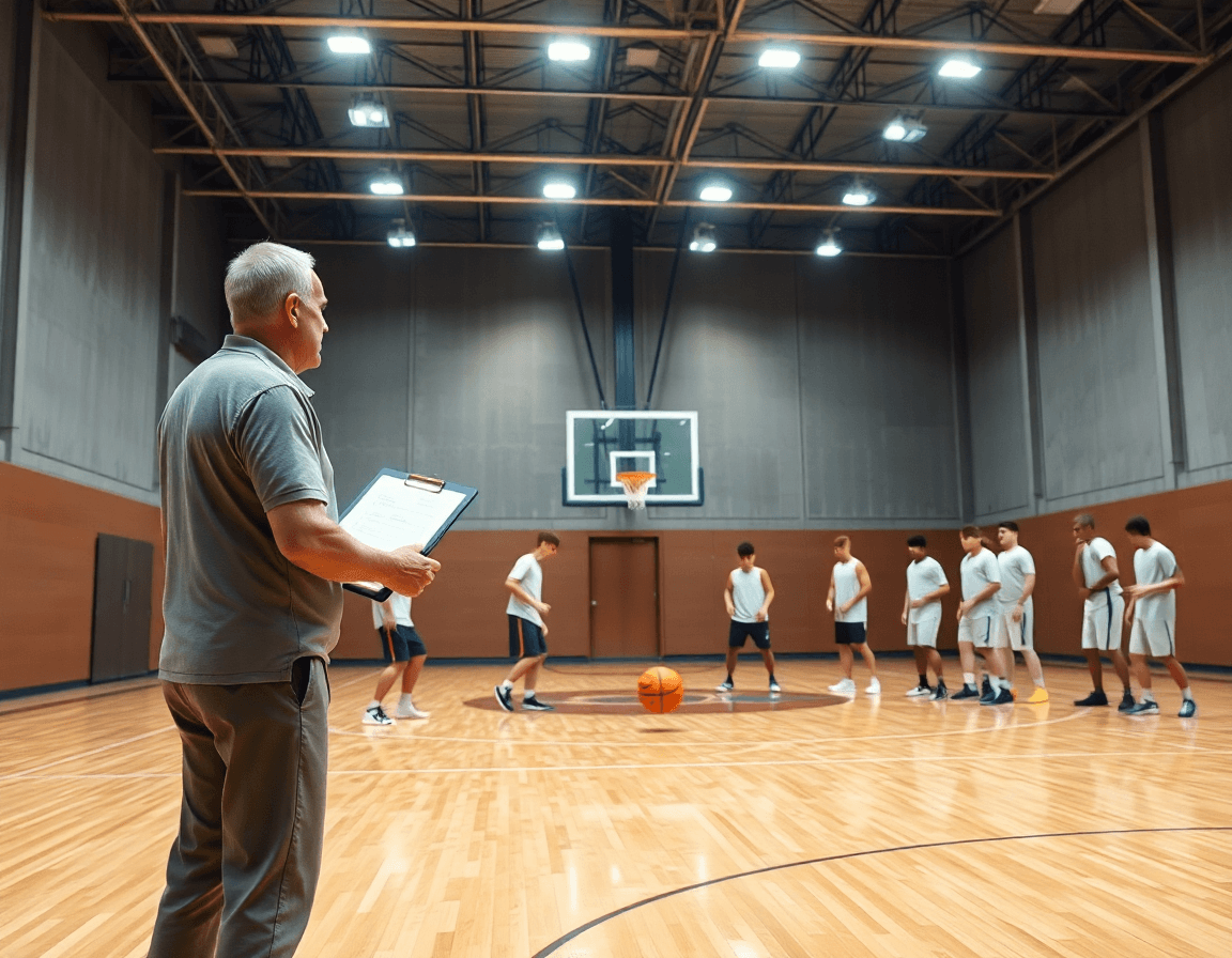 Plan large dans une salle de basketball montrant un entraineur basket landes guidant l'équipe.