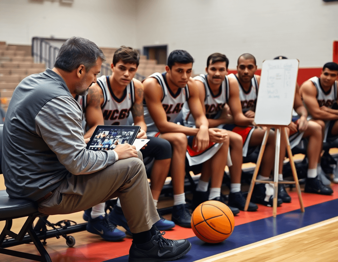 Entraineur basket le havre observe une séance vidéo, joueurs et entraîneur autour d'un écran de basketball.