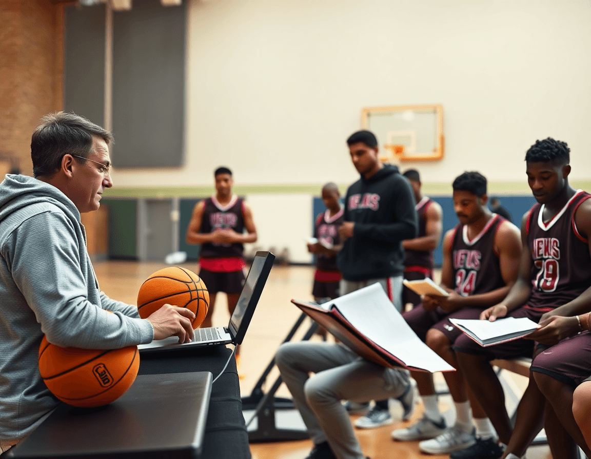 Entraineur basket le havre organise des contenus sur ordinateur près d'un terrain de basketball.