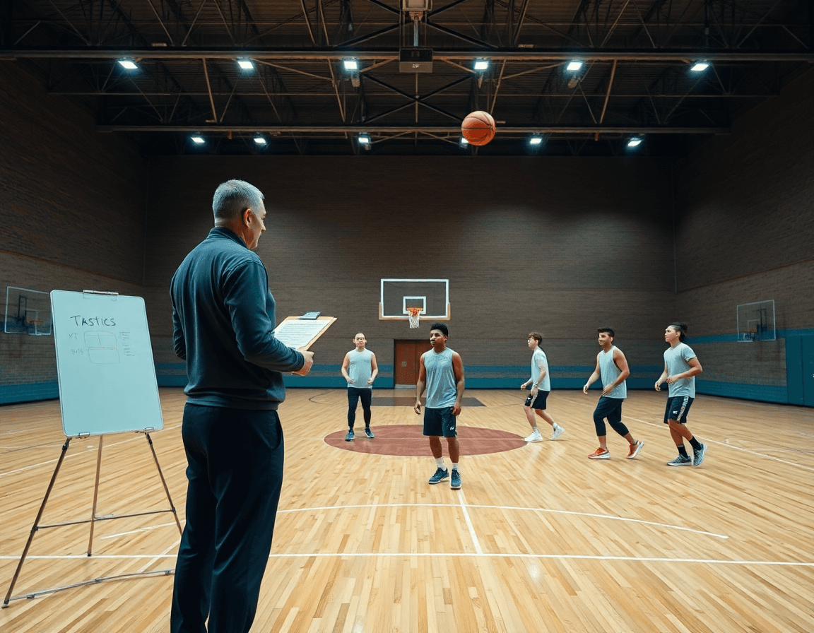 Entraineur basket le havre guide une séance dans une grande salle de basketball, athlètes concentrés.