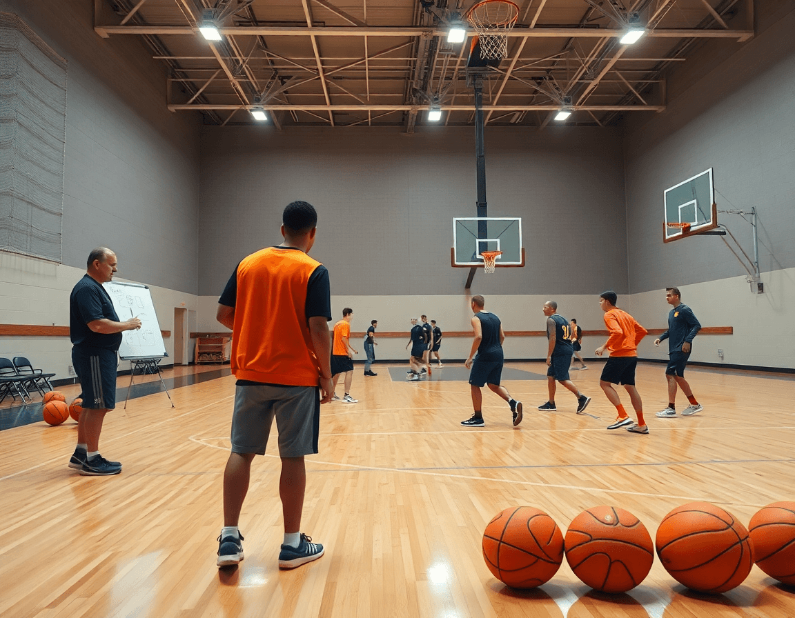 entraineur basket le mans dirige une séance d'entraînement complète sur le parquet, devant son équipe concentrée.