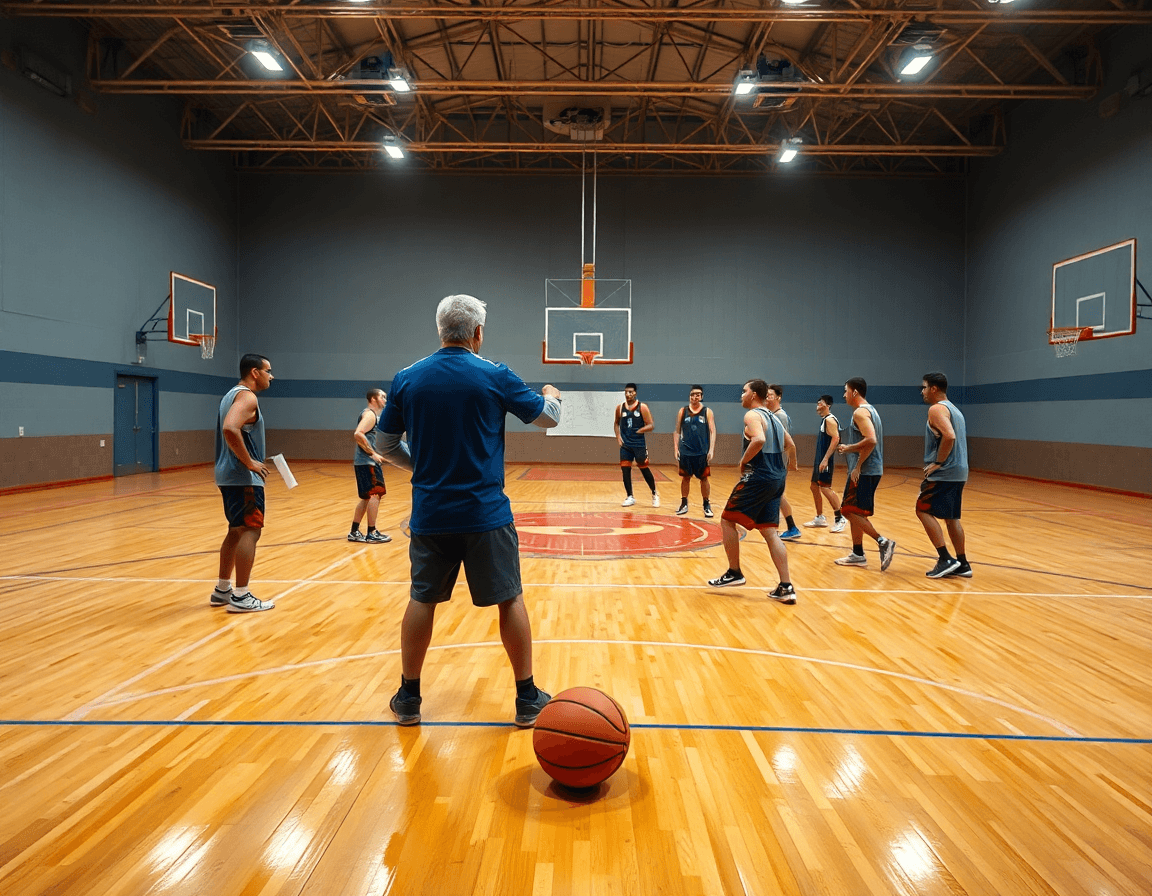 Plan d'action montrant entraineur basket monaco guidant les joueurs durant un drill de basketball sur le terrain.