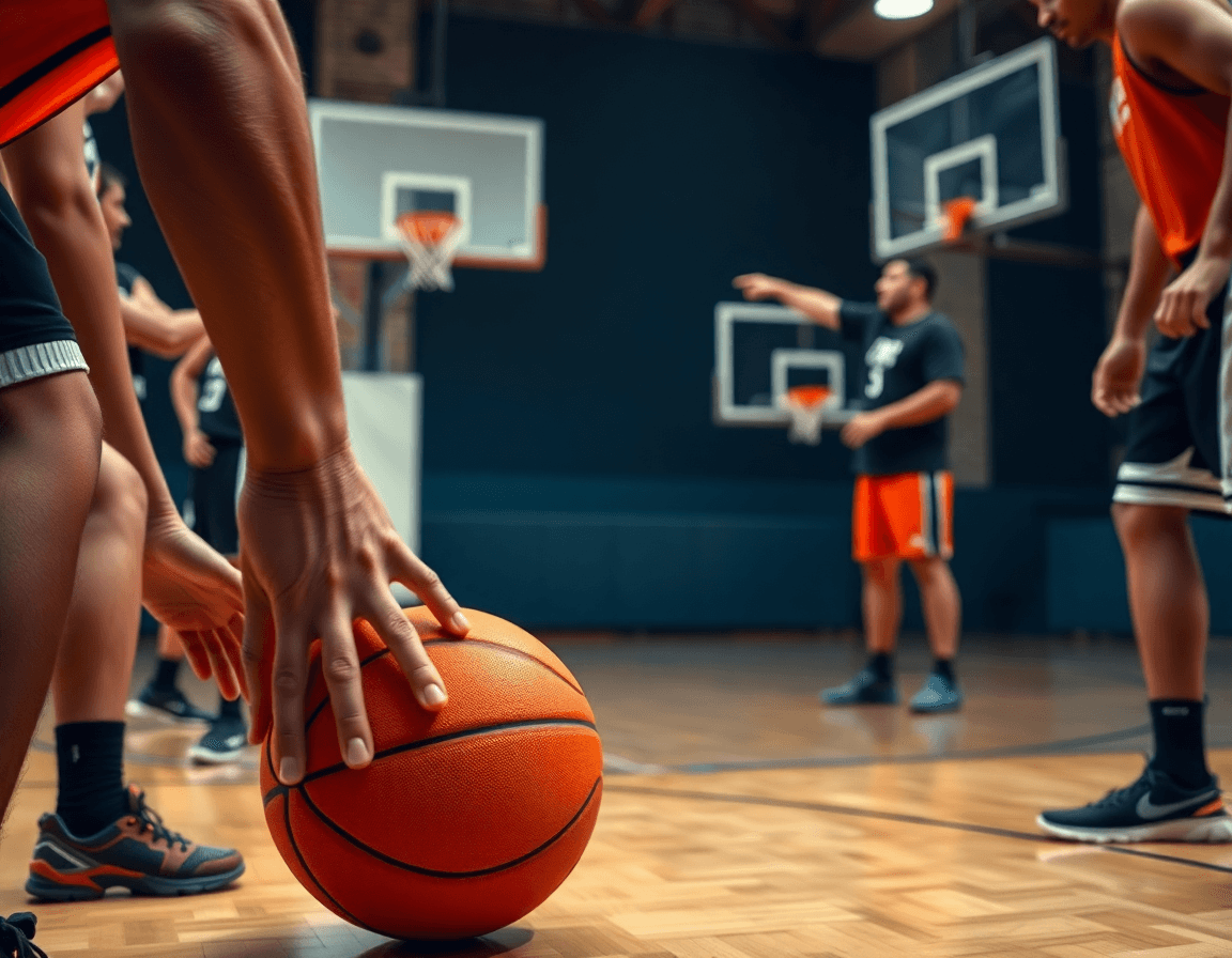 Gros plan sur les mains et le ballon de basketball pendant un basketball drill, entraineur basket monaco dirige.