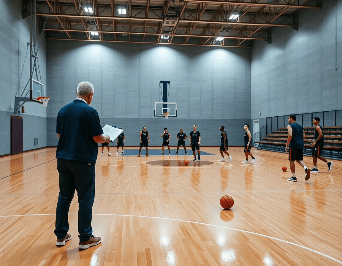 Vue d'ensemble d'un entraineur basket monaco supervisant un entraînement sur un court de basket.