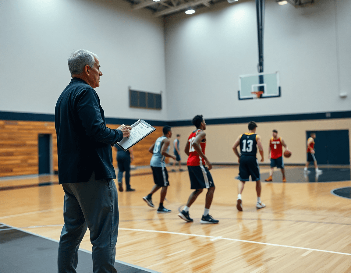 entraineur basket pau orthez observe un drill intense sur le terrain de basketball.