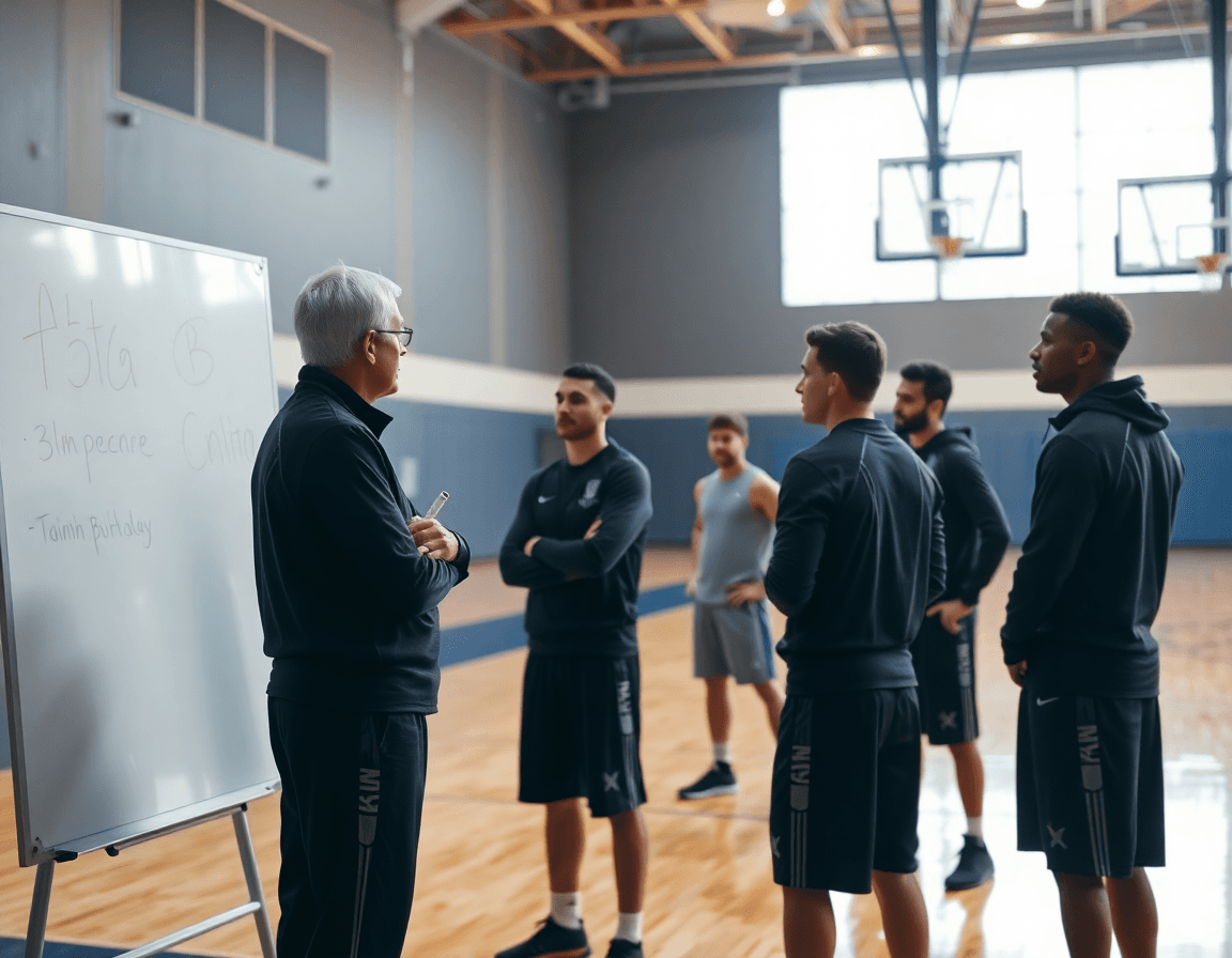 entraineur basket pau orthez dessine des jeux sur un tableau blanc pendant l'entraînement sur le terrain de basketball.