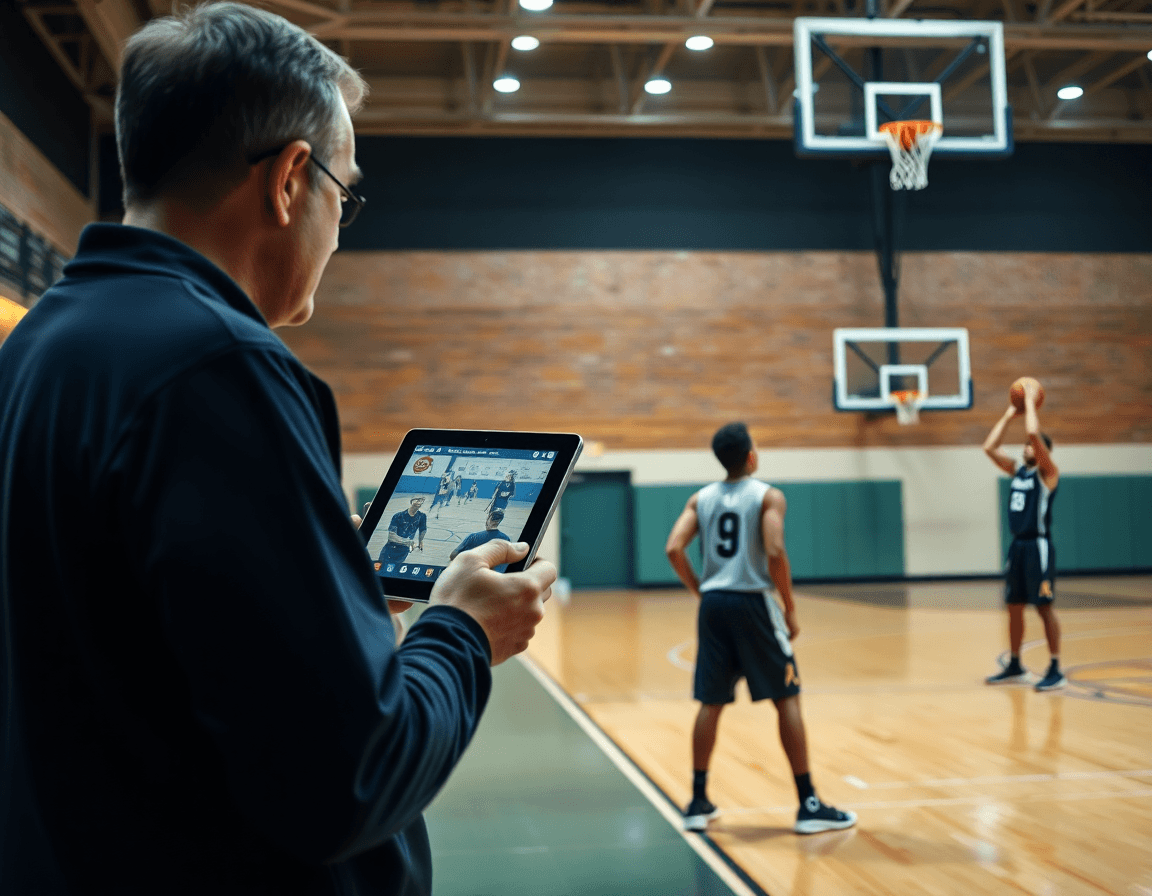 entraineur basket pau orthez consulte une tablette montrant une vidéo de scouting basketball pendant l'entraînement.