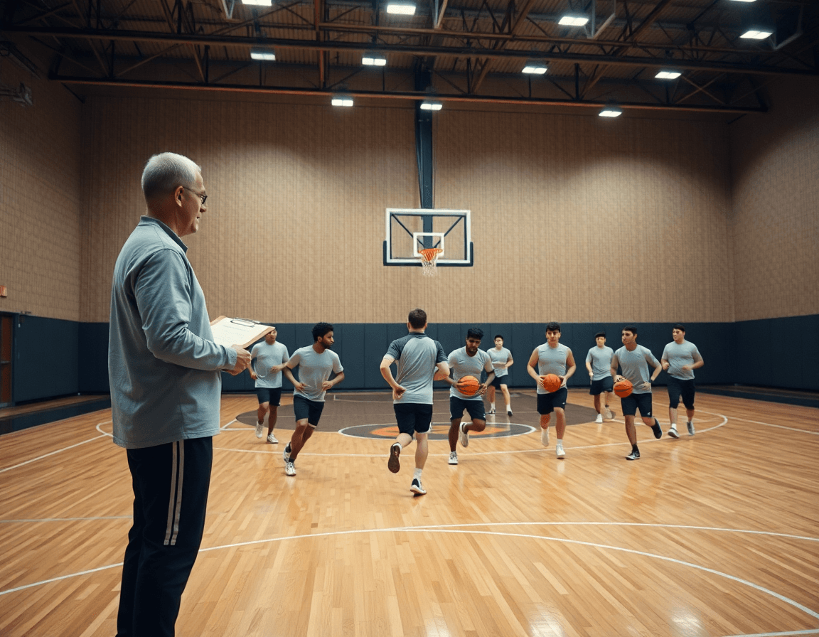 entraineur basket pau orthez dirige une séance sur un terrain de basketball en gym.