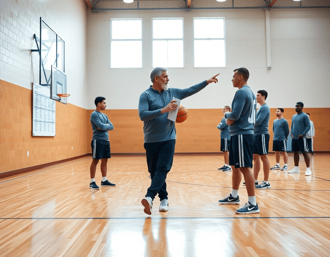 Checklist hebdomadaire pour un entraineur basket: un entraineur basket saint quentin dirige l'échauffement des joueurs.