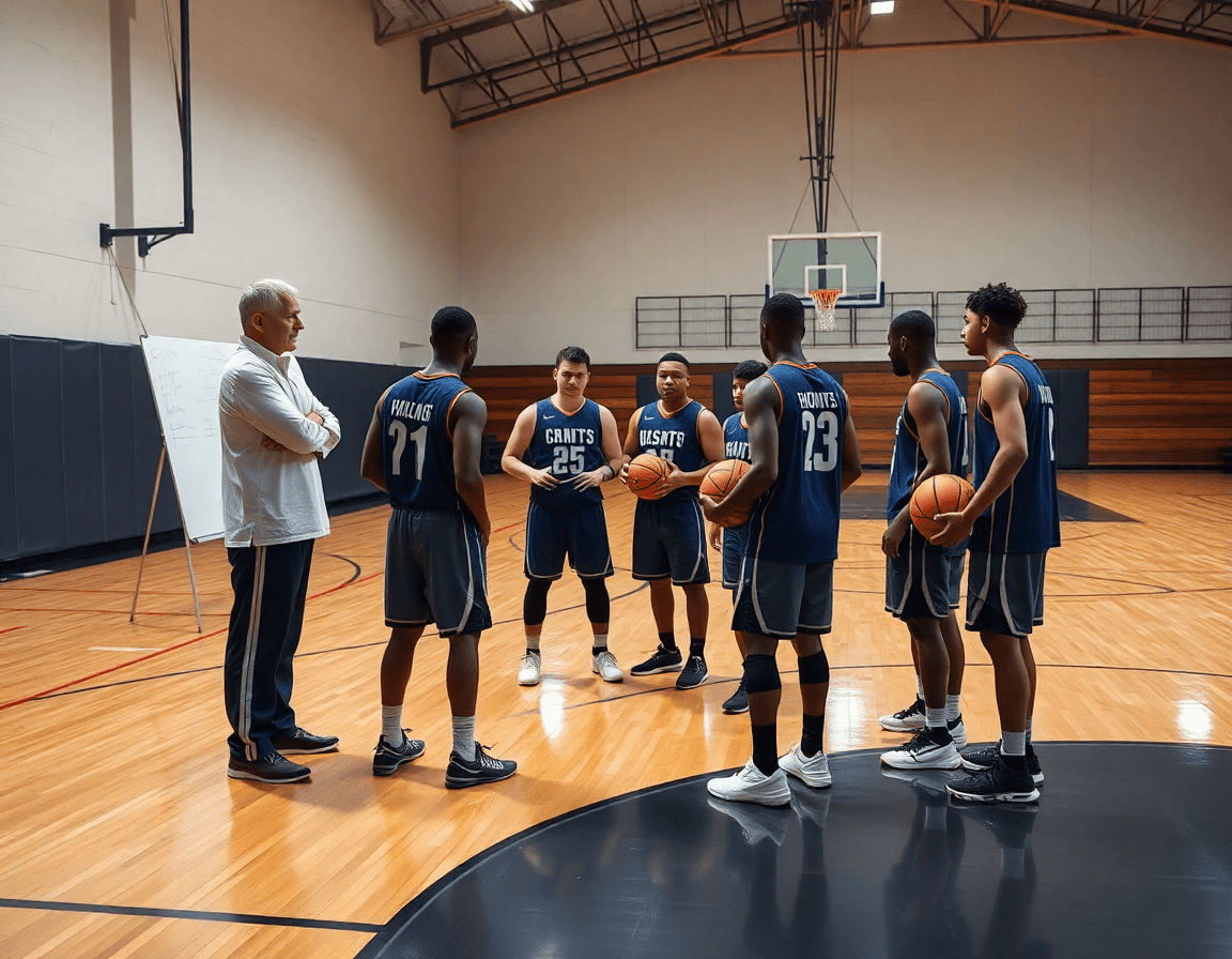 Entraineur basket saint quentin guide un échauffement tactique près d'un tableau blanc, joueurs regardant les clips de basketball.