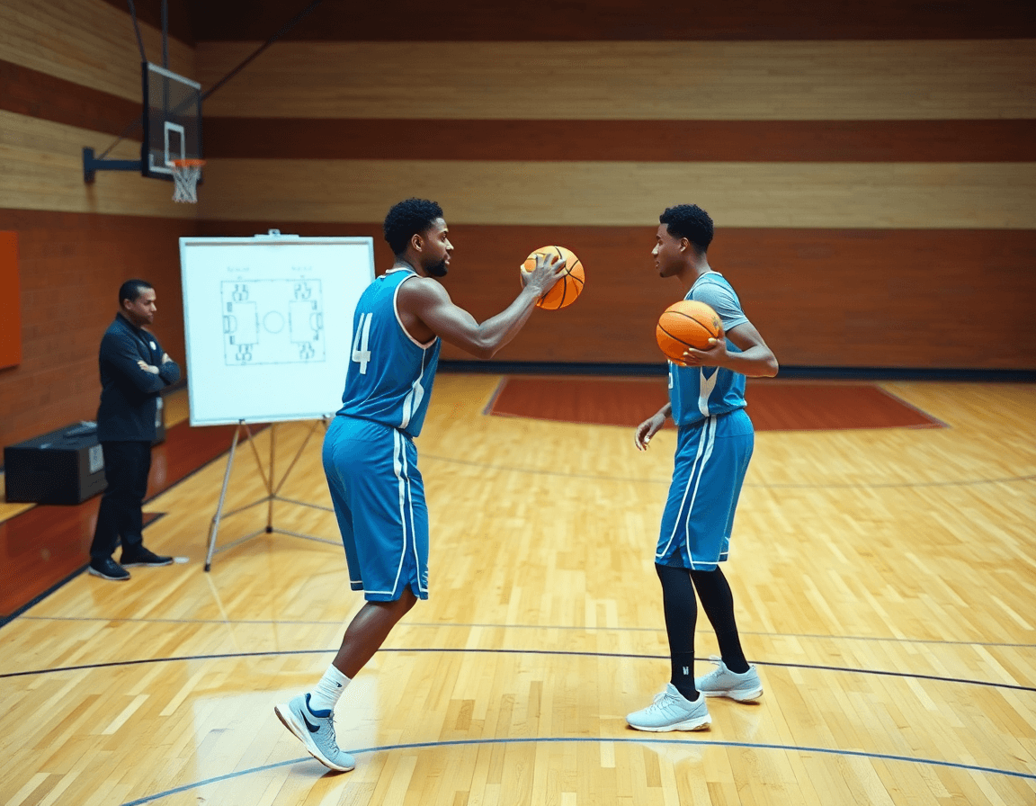 Entraineur basket saint quentin dessine une action sur le tableau pendant que deux joueurs s'exécutent.