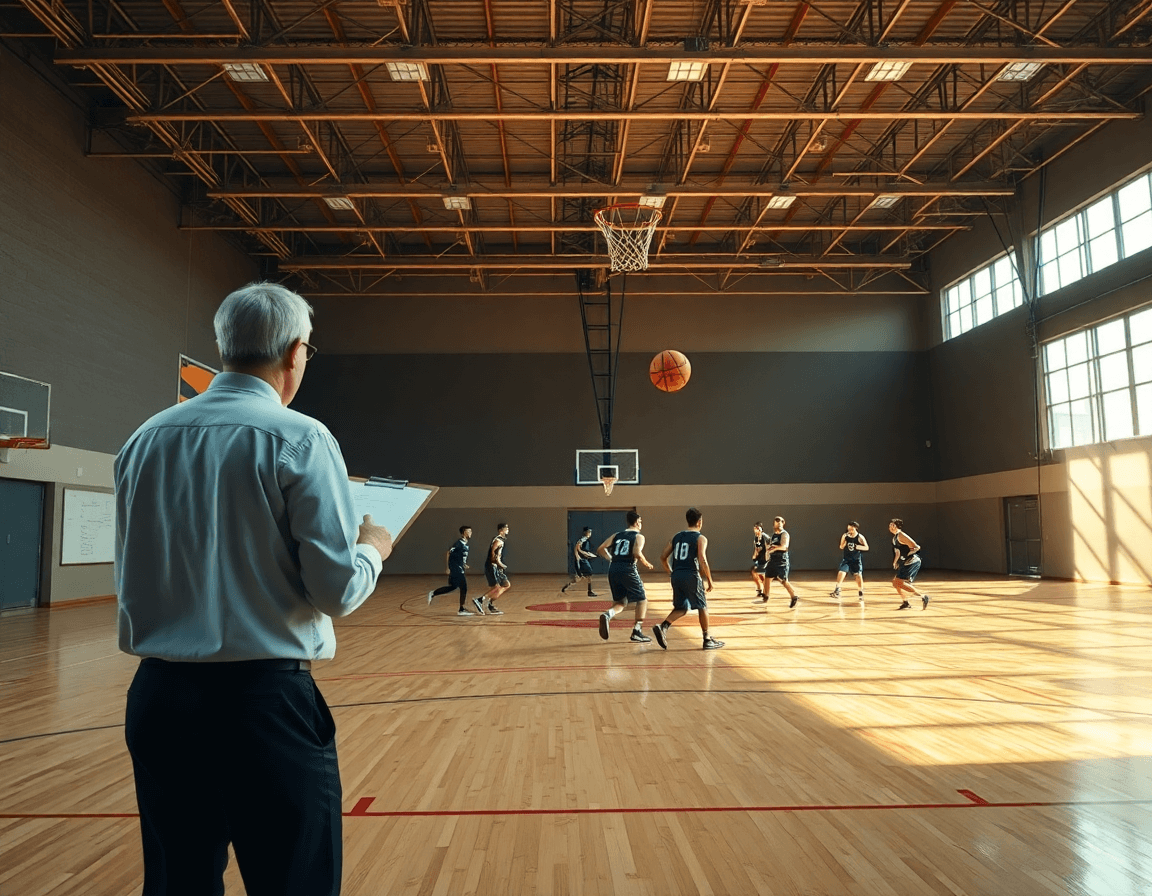 Entraineur basket saint quentin supervise une séance complète de basketball en salle, joueurs sur le terrain.