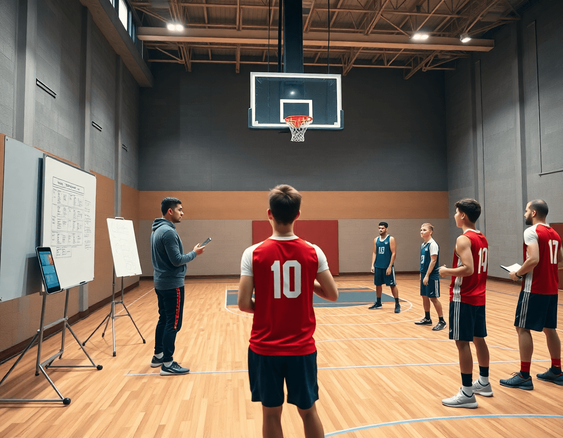 entraineur basket u13 coordonne une séance structurée autour d'un plan et d'un écran.