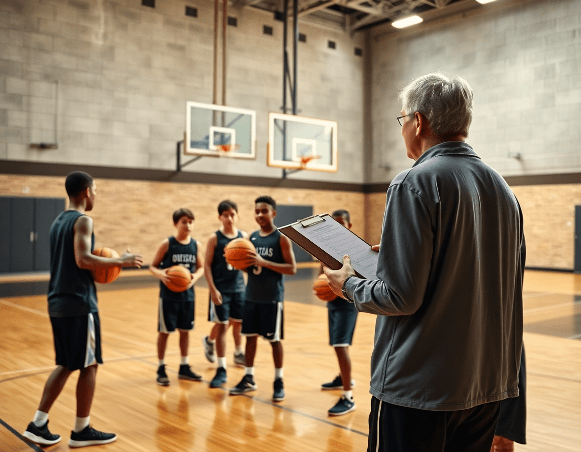 Plan large montrant un entraineur basket u13 guidant une séance sur le terrain de basketball.