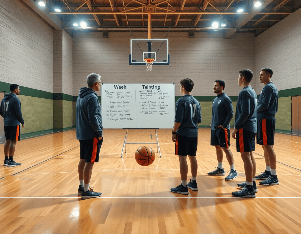 Planification en action: entraineur basketball dessinant la semaine sur le tableau blanc devant l'équipe.